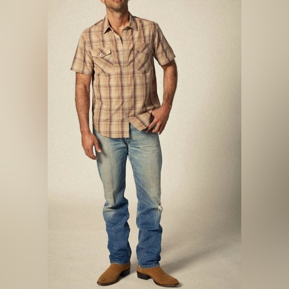 Indigo Star Vintage Button Down Shirt Short Sleeve Cotton Plaid BackRodeoPrint S - Picture 1 of 16